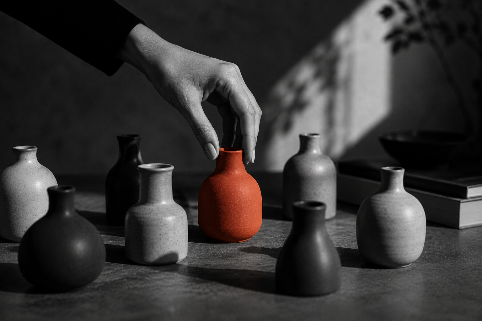 A hand choosing the one terracotta vase among grey ones — the moment of being picked
